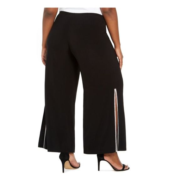 MSK Womens Black Side Slits; Rhinestone Trim, Mid Evening Wide Leg Pants Plus 3X - Picture 2 of 4